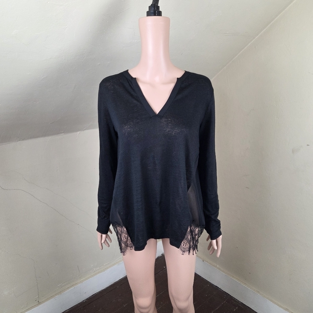 Sandro Paris Black Sheer Lace Hem Blouse Size 1 US S Linen Blend Long Sleeve